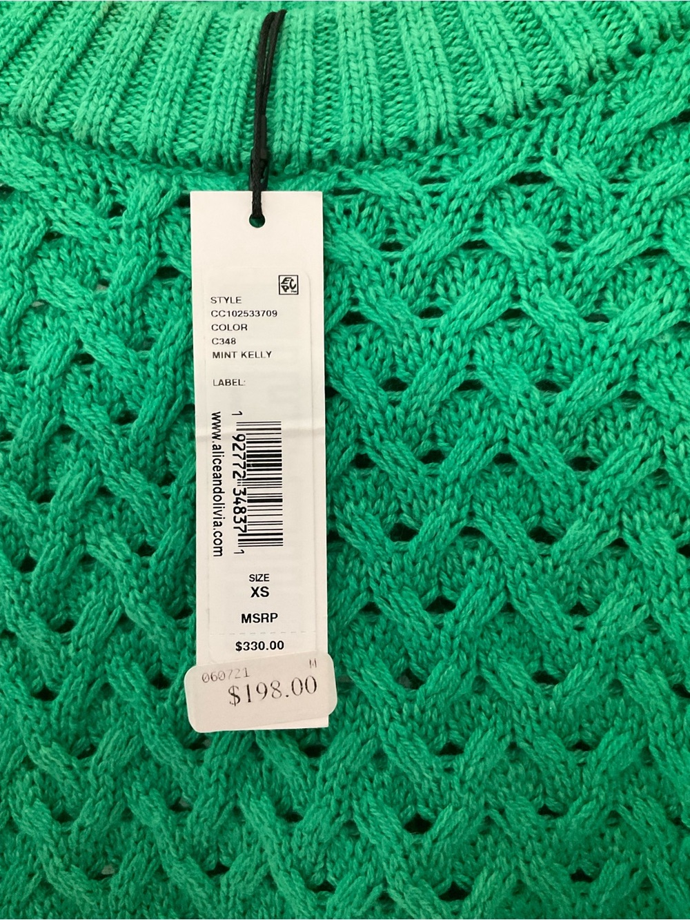Alice + Olivia Kelly Green Open-Knit Crewneck Sweater